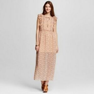 Xhilaration Floral Lace Tan Maxi Dress Womens Size S Small sheer slip